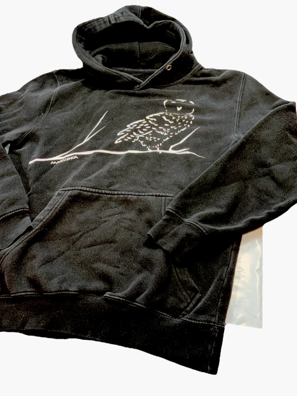 Marushka White OWL HOODIE BLACK Hand Printed Sweatshirt MEN Small Hooded Unisex